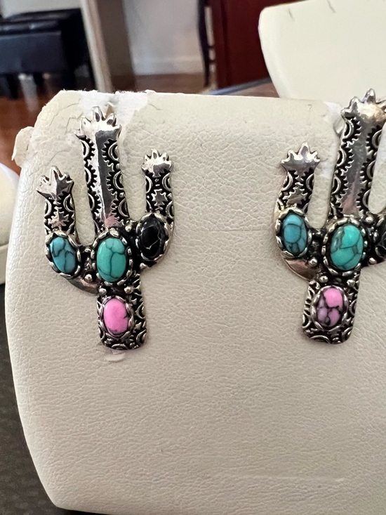 Turquoise & Pink Cactus Silver Earrings - Women's Southwestern Jewelry - Picture 2 of 6